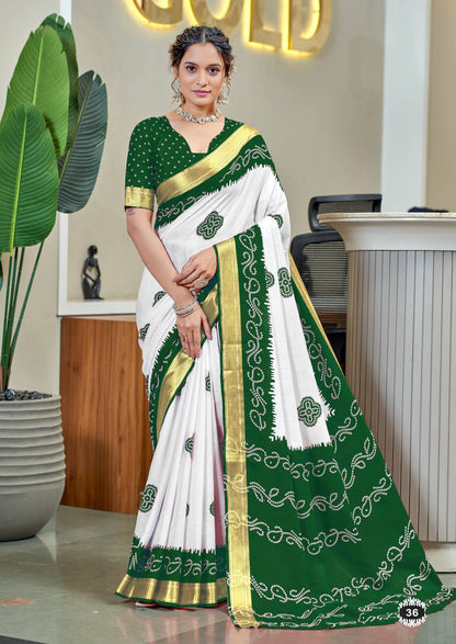 Green Mulmul Cotton Saree With Bandhani Block Print & Zari Border | Ethnic Festive Wear – JaipurSaaj