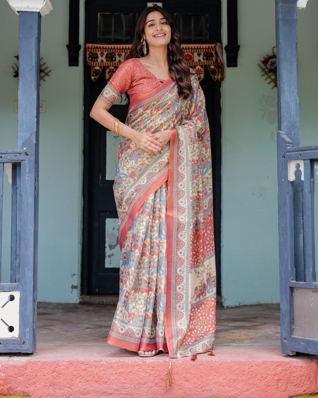 Multi Color Kalamkari Digital Printed Linen Cotton Saree | Summer Casual & Ethnic Wear – JaipurSaaj