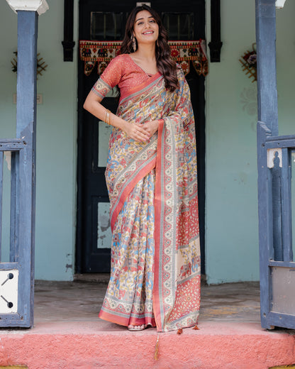 Multi Color Kalamkari Digital Printed Linen Cotton Saree | Summer Casual & Ethnic Wear – JaipurSaaj