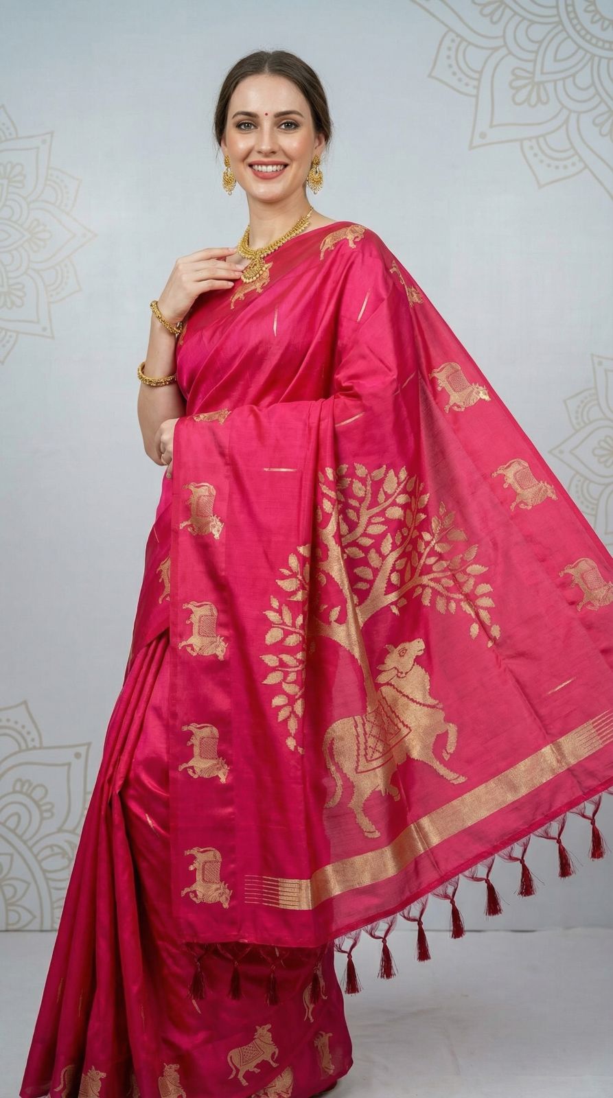 Pink Khadi Raw Silk Saree With Zari Weaving Cow Pallu & Border | Traditional Festive Wear – JaipurSaaj