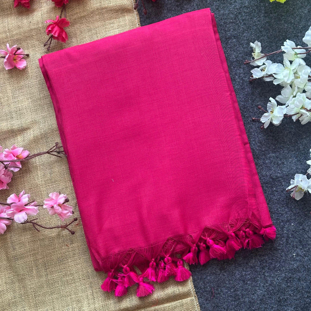 Pink Plain Khadi Cotton Saree With Fancy Tassel Work
