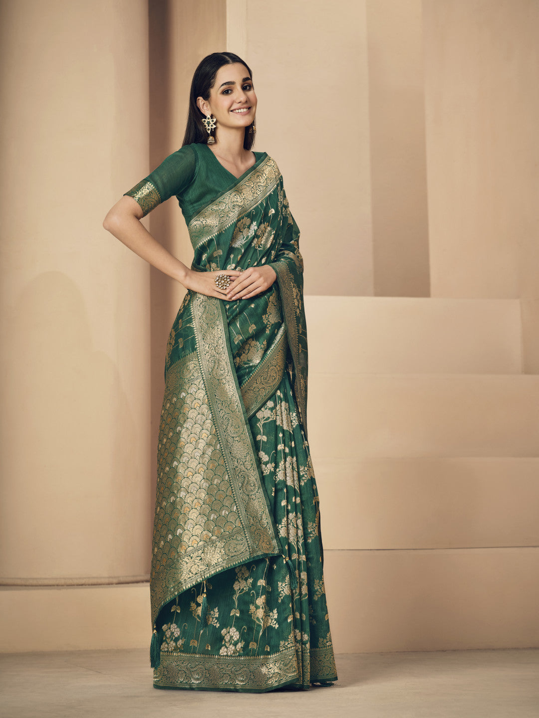 Green Soft Linen Silk Saree With Zari Weaving Work