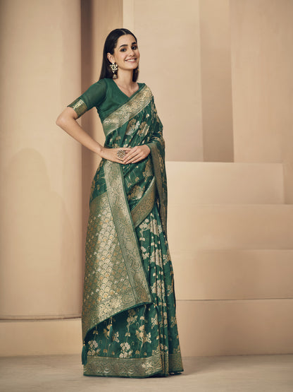 Green Soft Linen Silk Saree With Zari Weaving Work