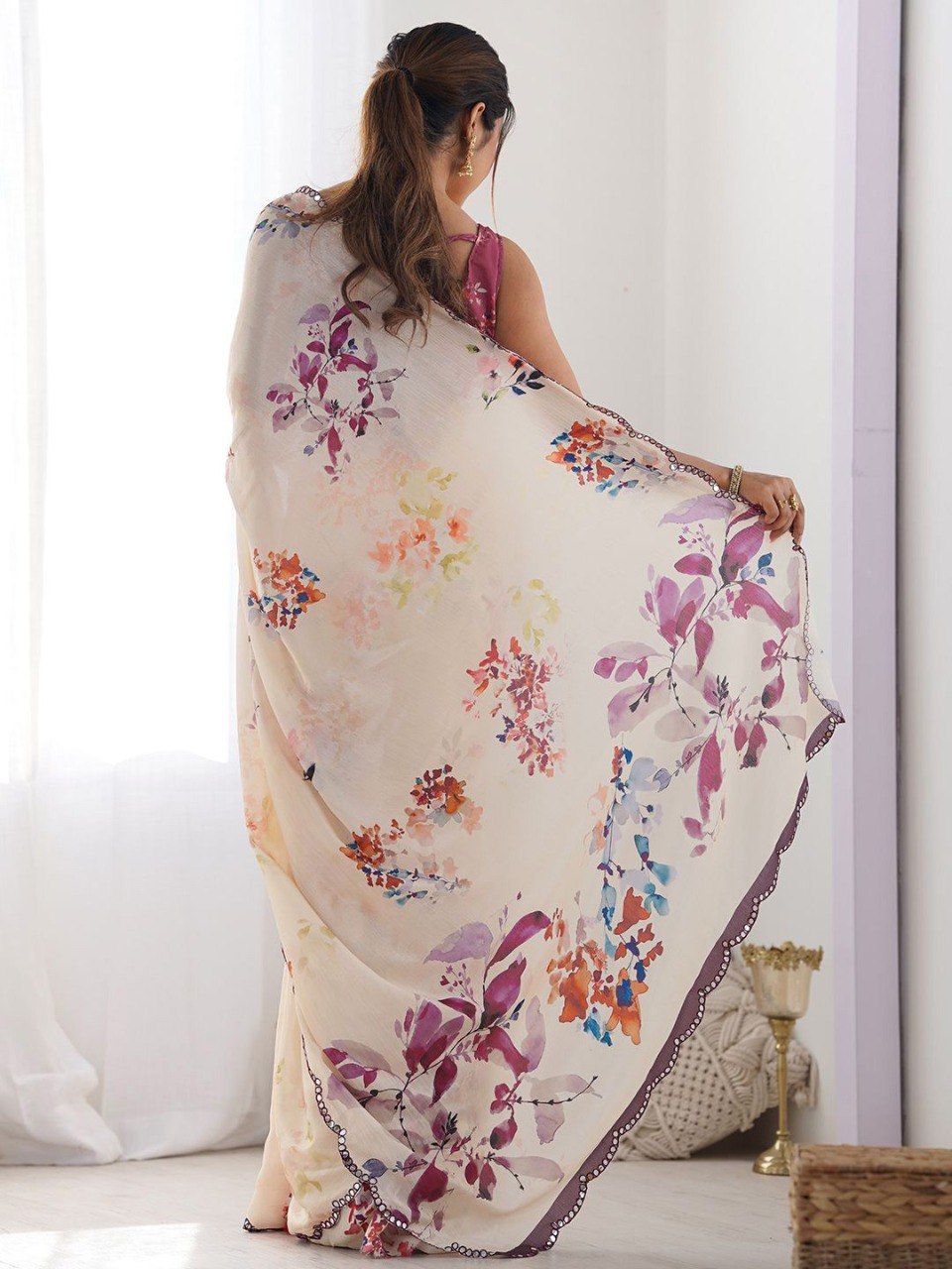 Beige Georgette Saree With Printed And Mirror Work With Arco Border