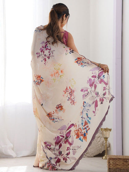 Beige Georgette Saree With Printed And Mirror Work With Arco Border