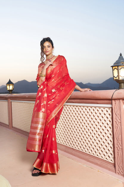 Red Kota Doriya Saree With Zari Weaving Work | Party & Festive Wear – JaipurSaaj