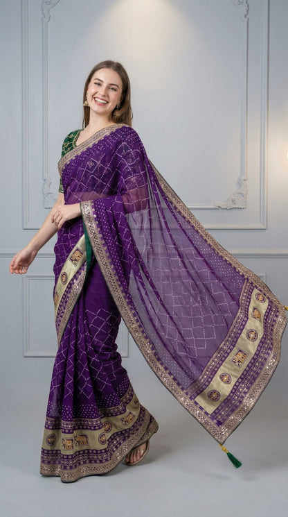 Purple Vichitra Silk Saree With Khadi Bandhej Heavy Pallu & Zari Border | Wedding & Festive Wear – JaipurSaaj