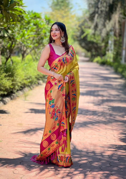 Yellow Soft Tissue Paithani Silk Saree With Zari Weaving Work | Bridal Wedding Wear – JaipurSaaj