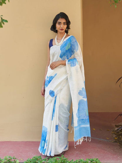 Sky Blue Color Plain Mix Linen Cotton Saree With Digital Printed Work