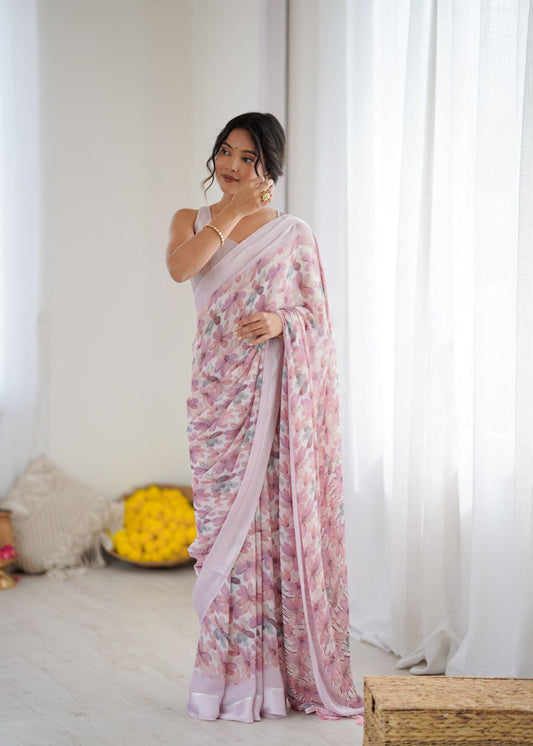 Baby Pink Linen Cotton Saree With Flower Digital Printed Work