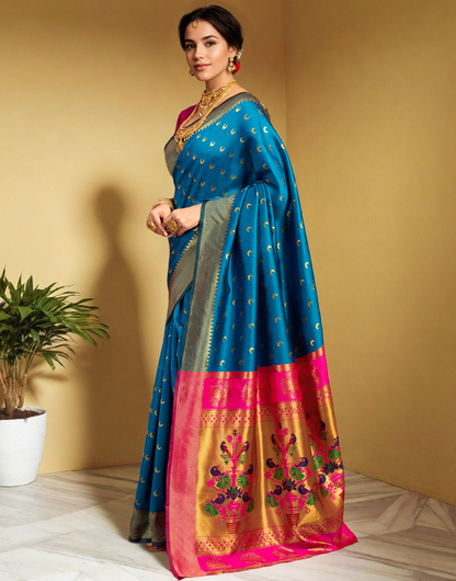 Traditional Morpeach Chand Design Paithani Silk Saree With Zari Weaving Work