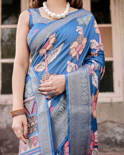 Blue Tussar Silk Saree With Digital Kalamkari Print & Zari Motif Border | Casual & Festive Wear – JaipurSaaj