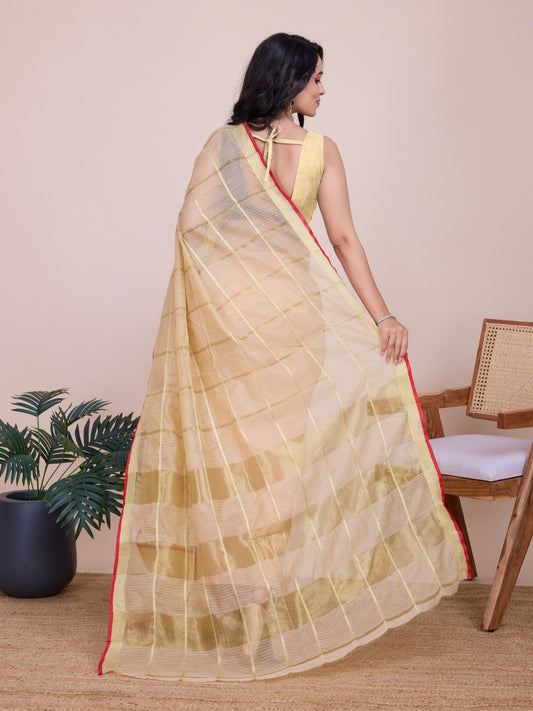 Beige Kota Doriya Saree With Zari Weaving Work