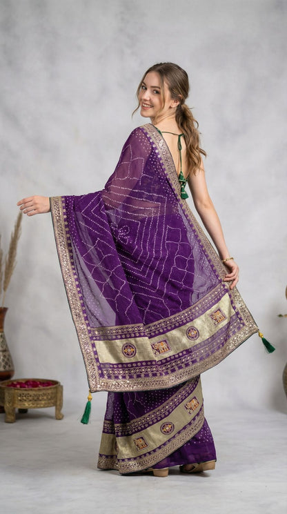 Purple Vichitra Silk Saree With Khadi Bandhej Heavy Pallu & Zari Border | Wedding & Festive Wear – JaipurSaaj