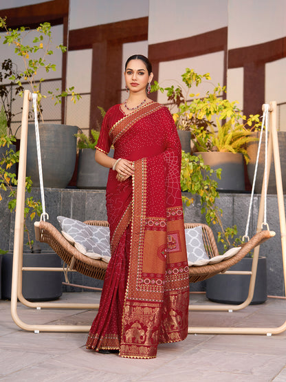 Red Soft Cotton Saree With Unique Table Printed & Lace Border | Stylish Wedding Wear Saree – JaipurSaaj