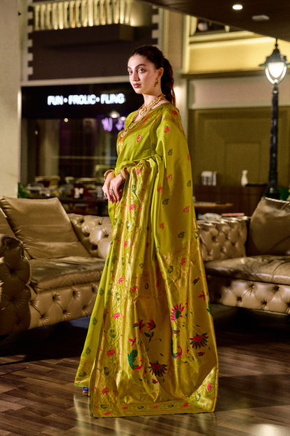 Traditional Parrot Green Paithani Silk Saree With Zari Weaving Work