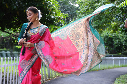 Rani Pink Madhubani Printed Soft Tussar Silk Saree | Traditional Festive Ethnic Wear – JaipurSaaj
