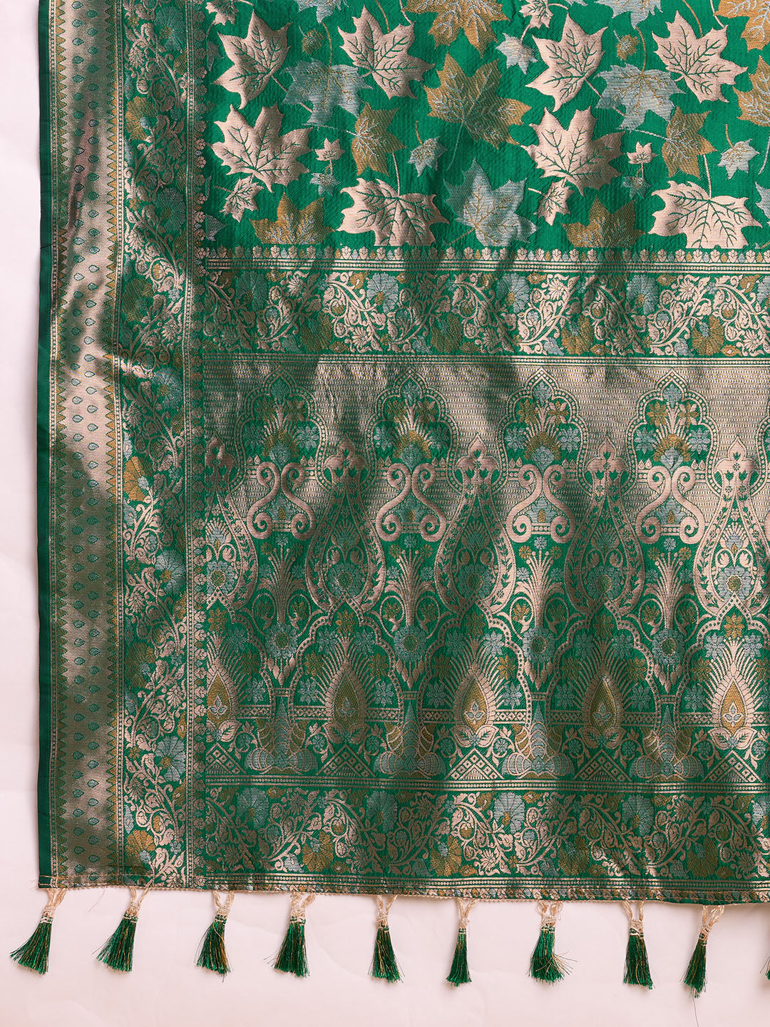 Golden & Copper Zari Weaving With Green Soft Silk Banarasi Saree | Party & Wedding Wear - JaipurSaaj
