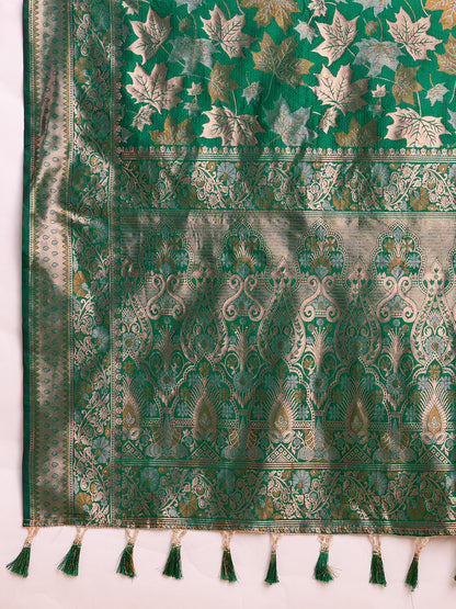 Golden & Copper Zari Weaving With Green Soft Silk Banarasi Saree | Party & Wedding Wear - JaipurSaaj