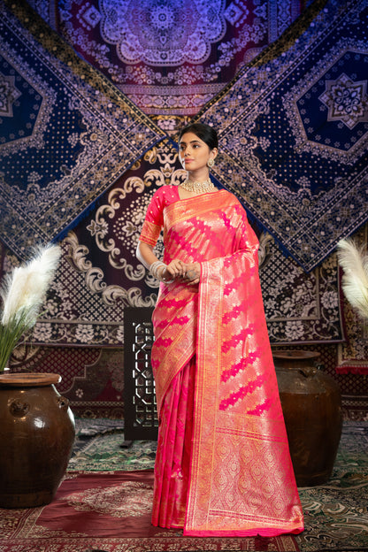 Pink Banarasi Silk Saree With Zari Woven Work | Traditional Wedding & Bridal Wear – JaipurSaaj