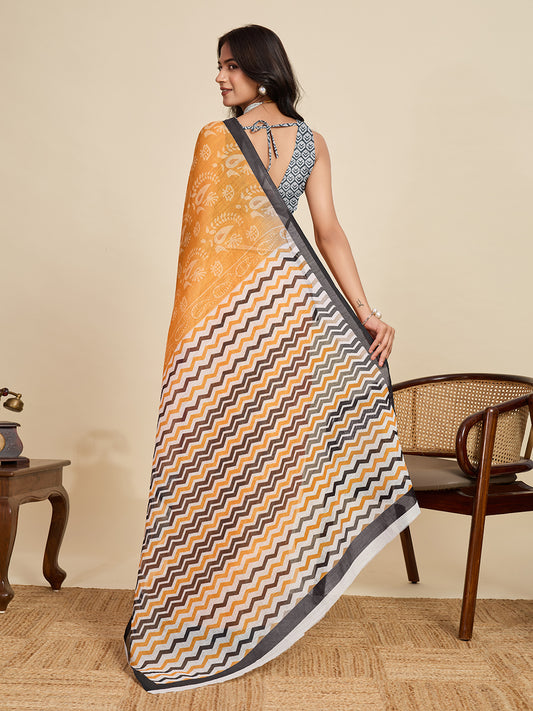 Yellow Linen Cotton Saree With Digital Printed Work And Silver Zari Border