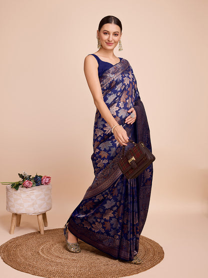 Golden & Copper Zari Weaving With Navy Blue Soft Silk Banarasi Saree | Party & Wedding Wear - JaipurSaaj