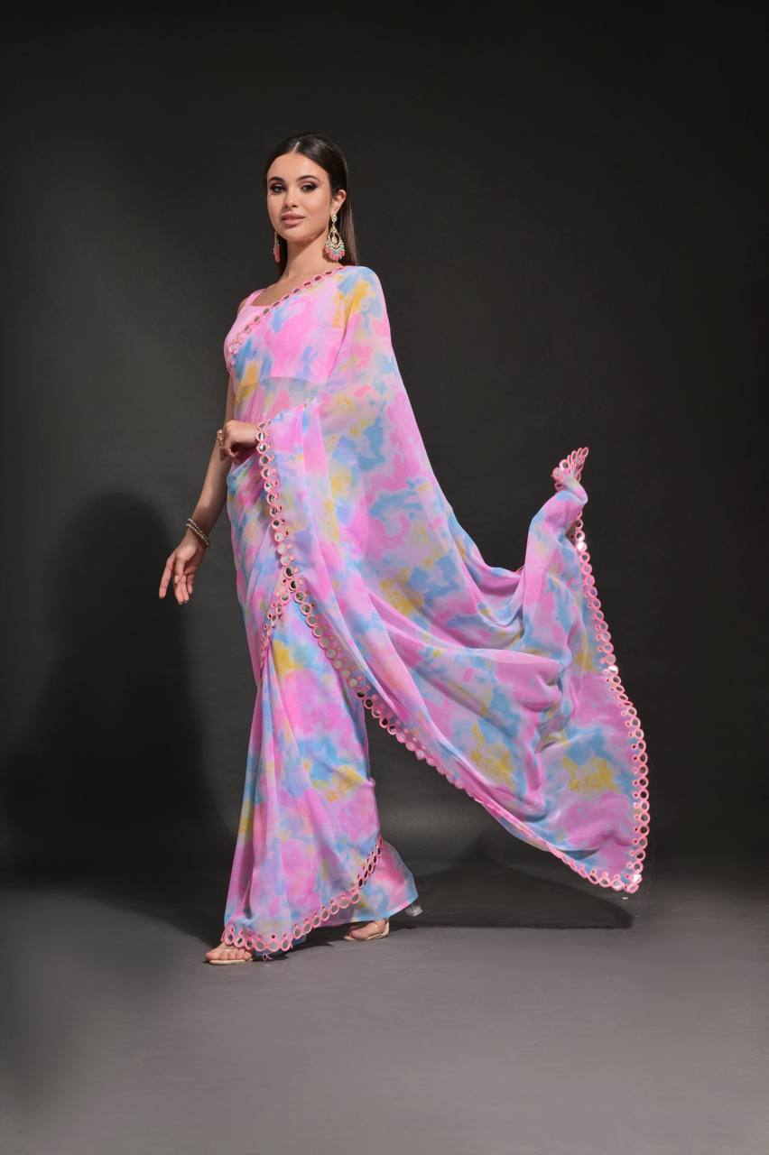 Baby Pink Chiffon Silk Saree with Prism Print & Foil Mirror Work Border | Designer Party Wear – JaipurSaaj