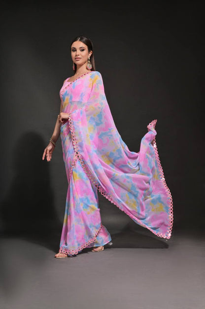 Baby Pink Chiffon Silk Saree with Prism Print & Foil Mirror Work Border | Designer Party Wear – JaipurSaaj