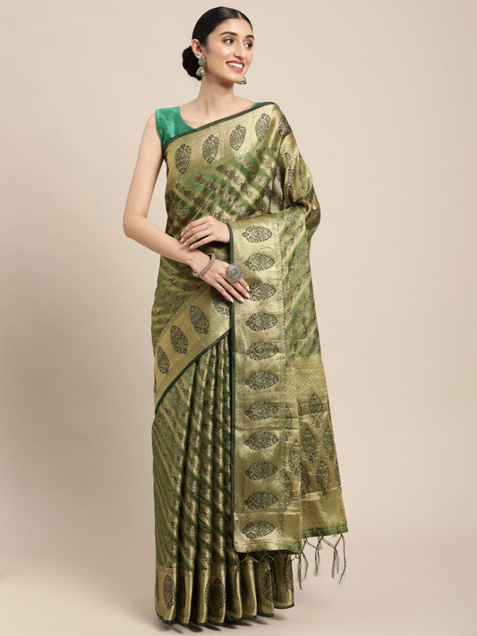 Green Organza Silk Saree With Zari Weaving Work