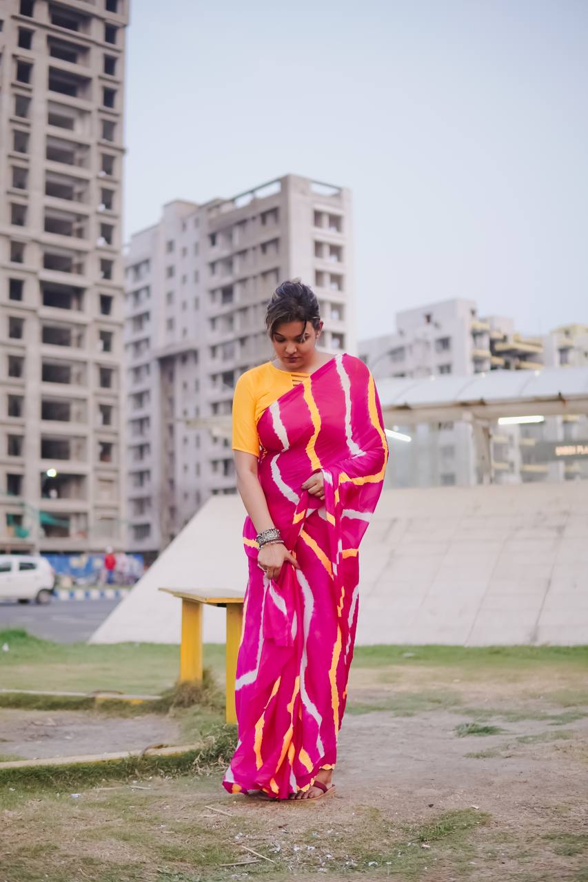 Pink Soft Chinon Silk Saree With Shibori Printed Work | Casual & Festive Wear – JaipurSaaj