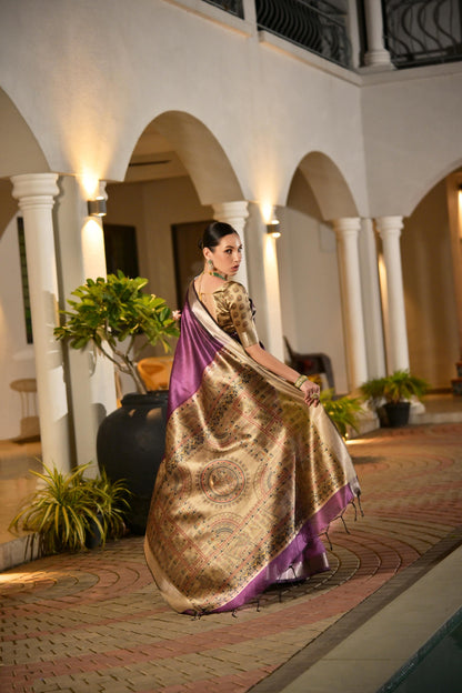 Magenta Khadi Raw Silk Saree With Beautiful Madhubani Printed Pallu | Party & Wedding Wear – JaipurSaaj