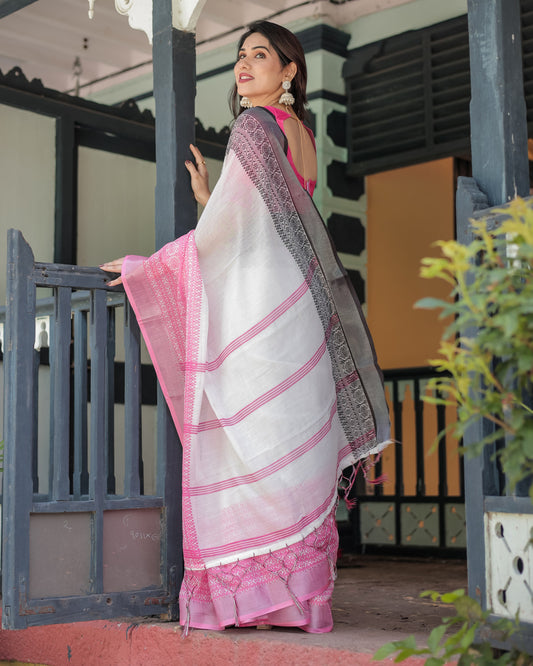 White And Pink Soft Linen Cotton Saree With Digital Printed Work
