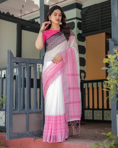 White And Pink Soft Linen Cotton Saree With Digital Printed Work