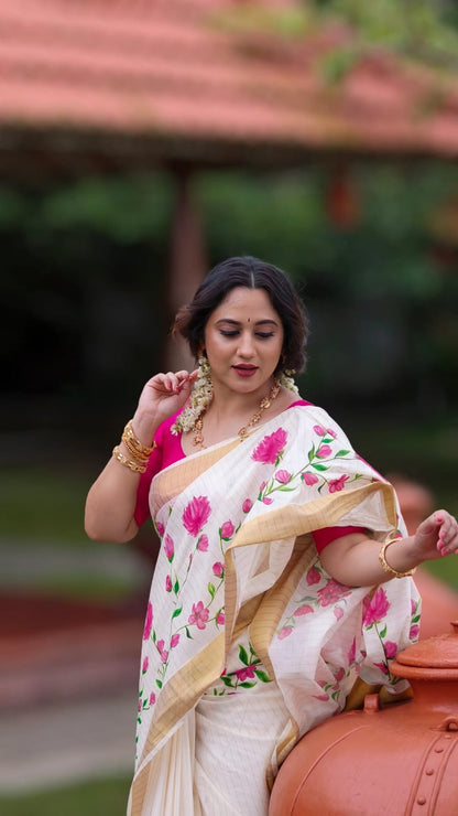 White Plain Mix Linen Cotton Saree With Digital Printed Work