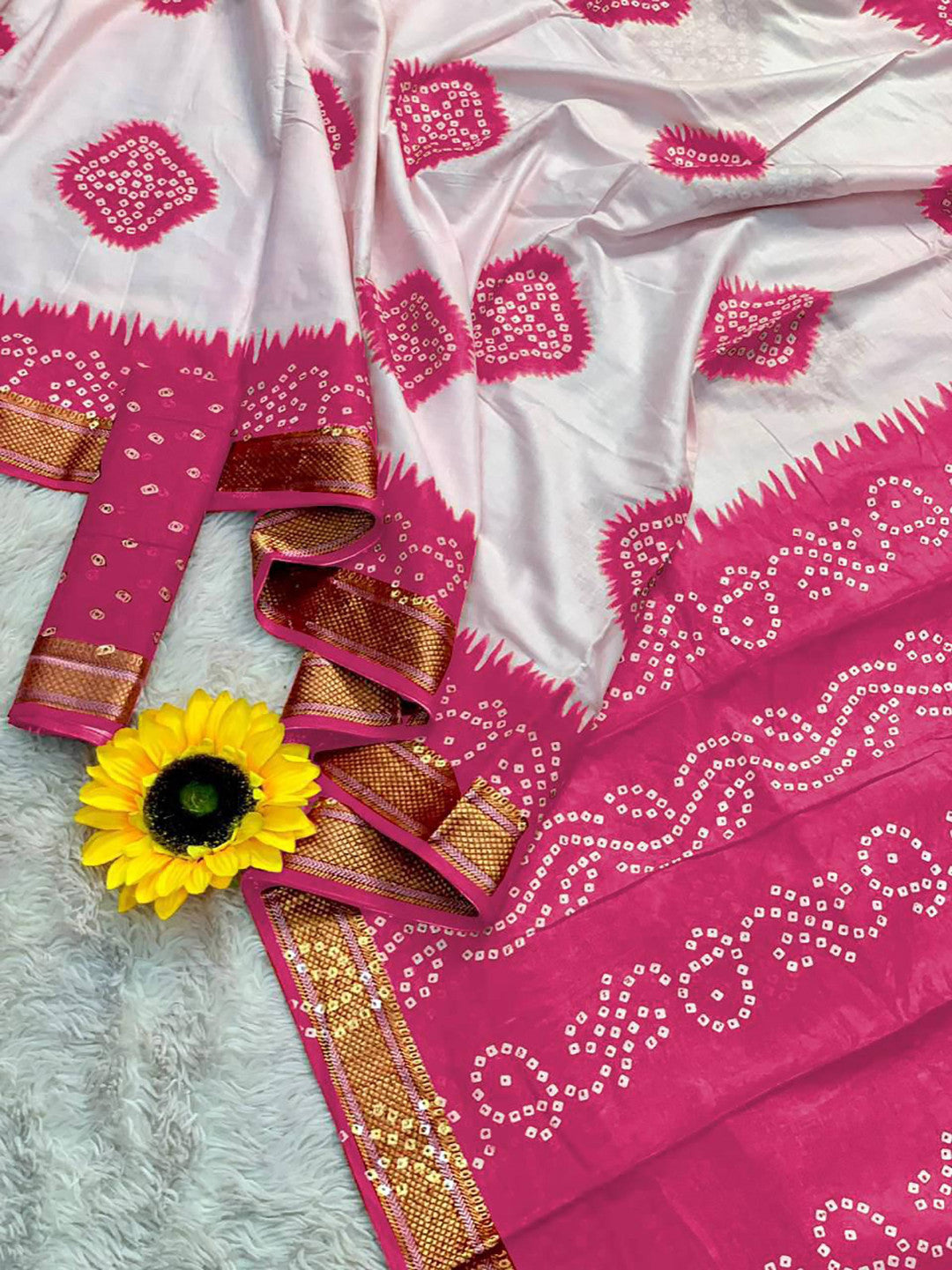 Pink Mulmul Cotton Saree With Bandhani Block Print & Zari Border | Ethnic Festive Wear – JaipurSaaj