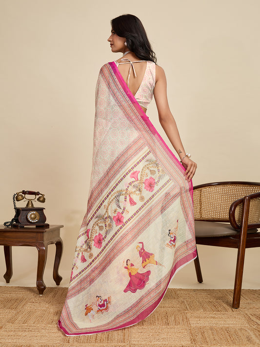 Off White Linen Cotton Saree With Digital Printed Work And Silver Zari Border
