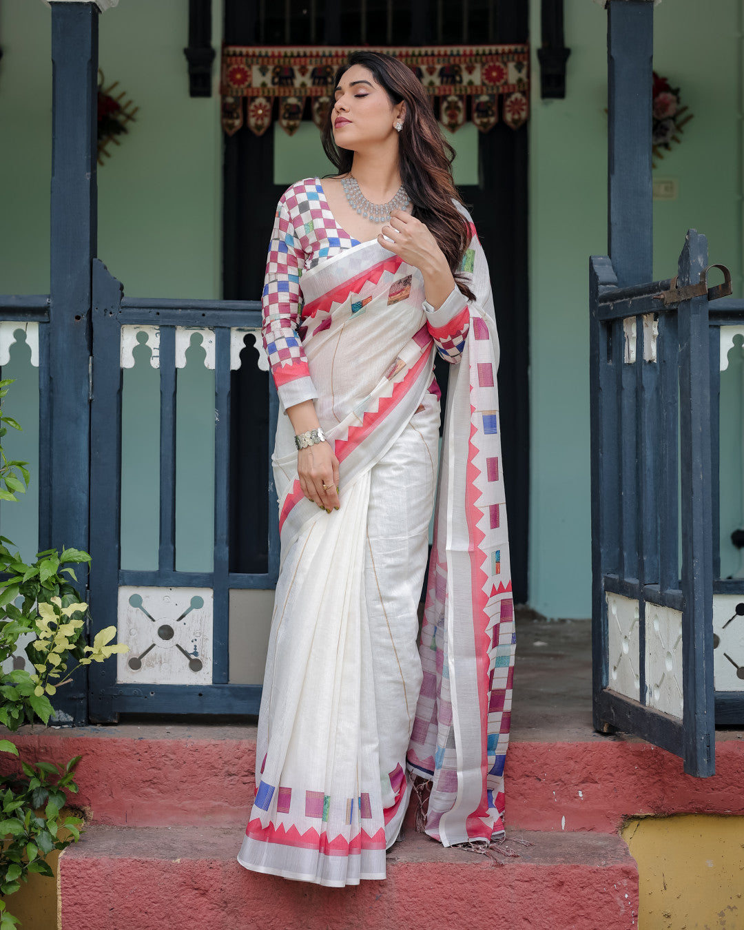White Summer Special Digital Printed Linen Cotton Saree