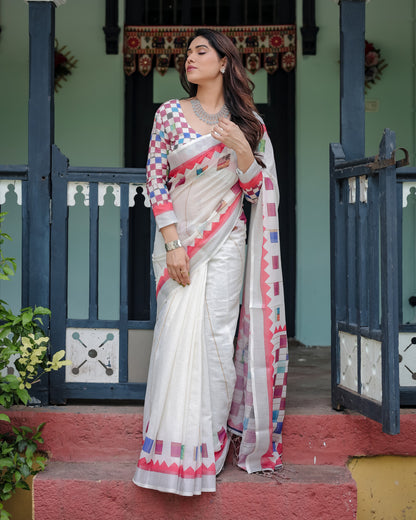 White Summer Special Digital Printed Linen Cotton Saree