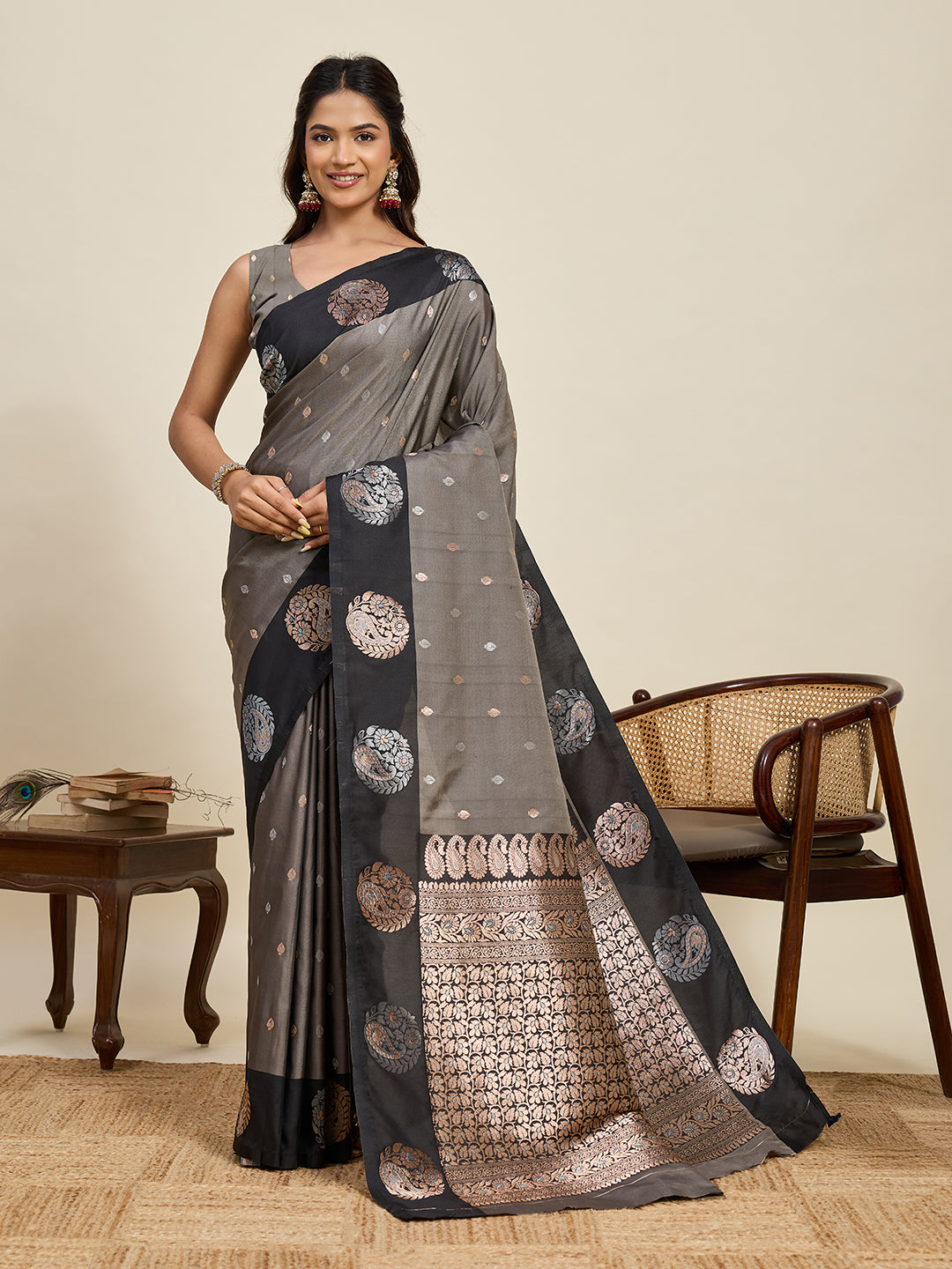 Gray Soft Silk Saree With Silver Banarasi Zari Weaving Work | Festive Wear – JaipurSaaj