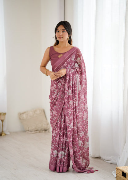 Pink Linen Cotton Saree With Flower Digital Printed Work