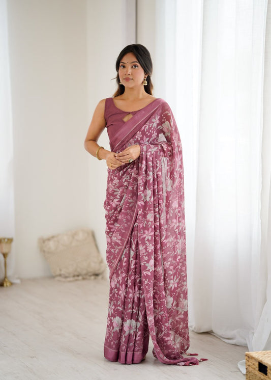 Pink Linen Cotton Saree With Flower Digital Printed Work