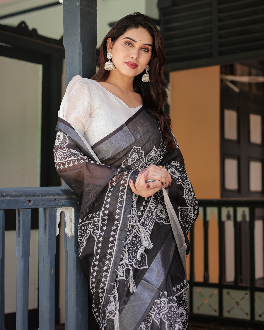 Black Summer Special Digital Printed Linen Cotton Saree
