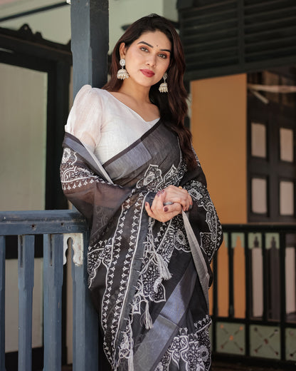 Black Summer Special Digital Printed Linen Cotton Saree