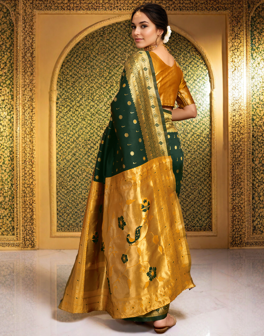 Traditional Dark Green Paithani Silk Saree With Zari Weaving Work