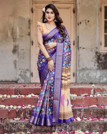 Multi Kalamakari Floral Printed Tussar Silk Saree With Zari Motif Border | Festive Ethnic Wear – JaipurSaaj