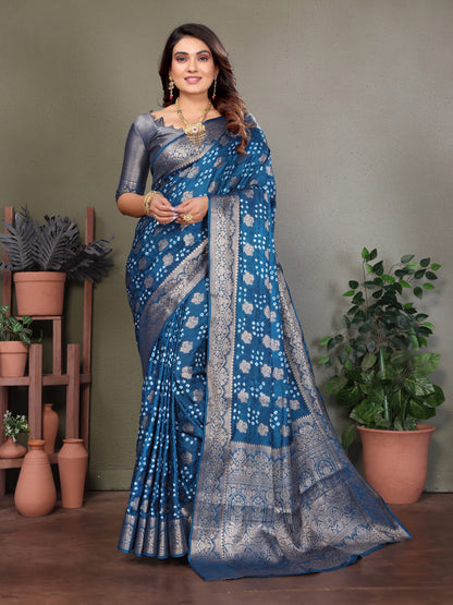 Firoji Bandhej Silk Saree With Zari Weaving Work | Wedding & Festive Wear – JaipurSaaj