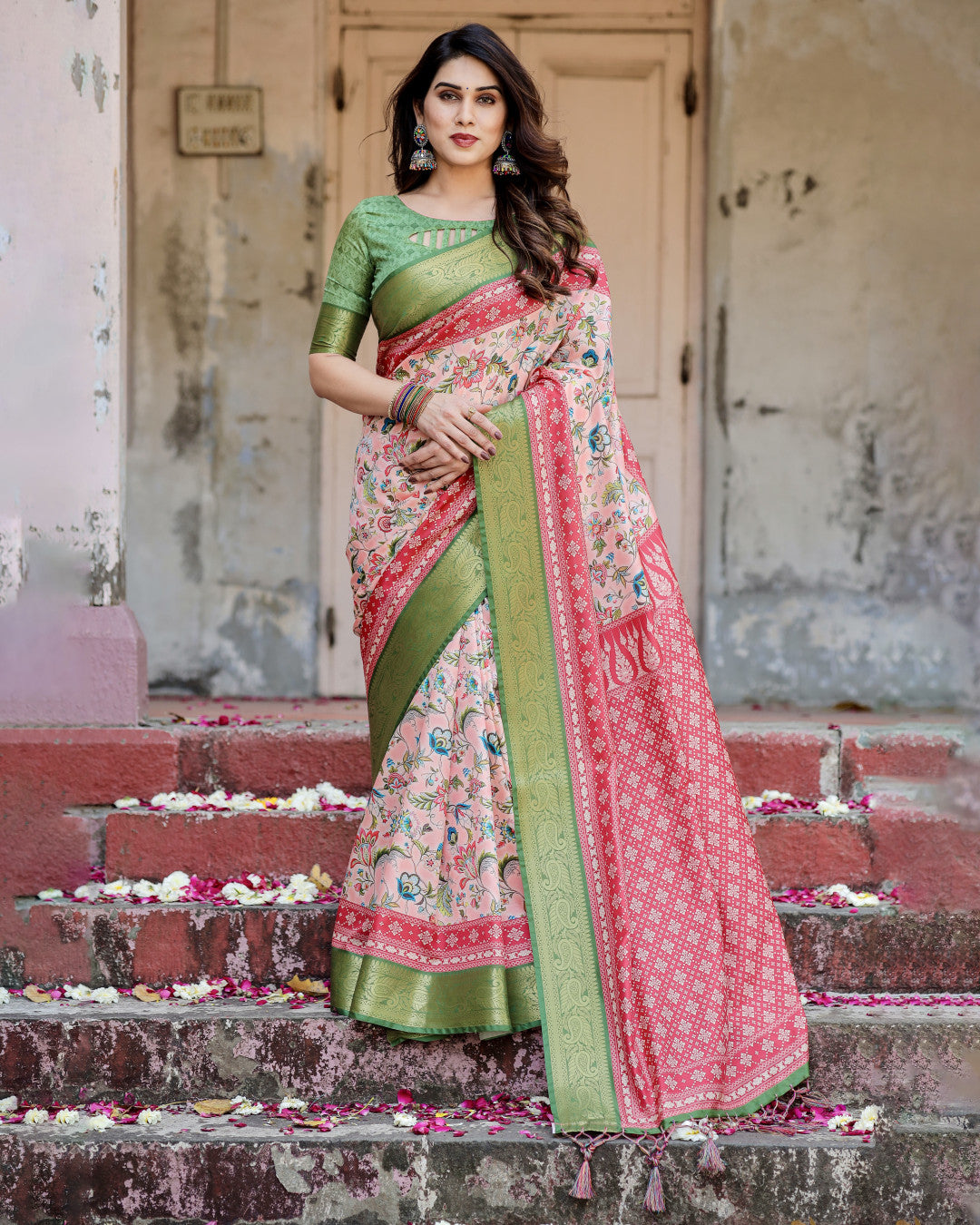 Blush Pink Digital Printed Tussar Silk Saree With Zari Motif Border | Designer Festive Ethnic Wear – JaipurSaaj