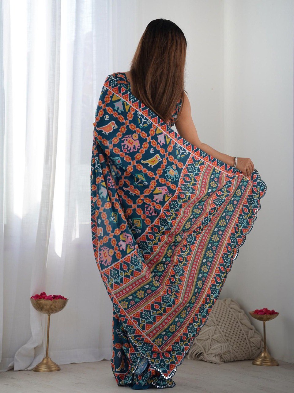 Navy Blue Georgette Saree With Printed And Mirror Work With Arco Border