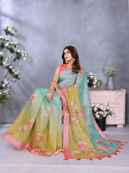 Multi Linen Cotton Saree With Digital Printed Work And Silver Zari Border