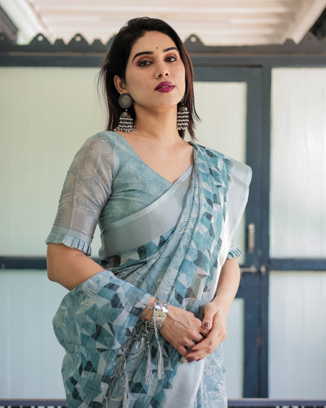 Sky Blue Summer Special Digital Printed Linen Cotton Saree